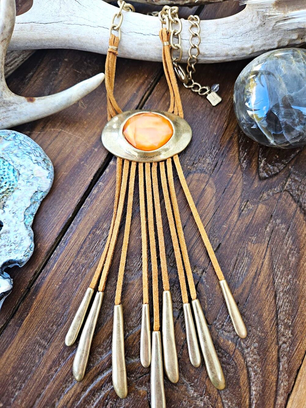 Robert Lee Morris Soho Boho Suede Fringe Stone Bib Statement Necklace